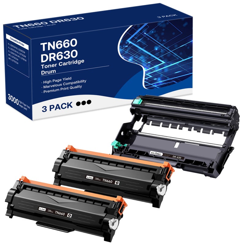 WEAREC Compatible Toner Cartridge & Drum Unit Replacement for Brother TN660 TN-660 TN630 DR630 Work with HL-L2300D HL-L2360DW DCP-L2520DW MFC-L2700DW MFC-L2740DW Printer (Black, 3 Pack) - Image 1