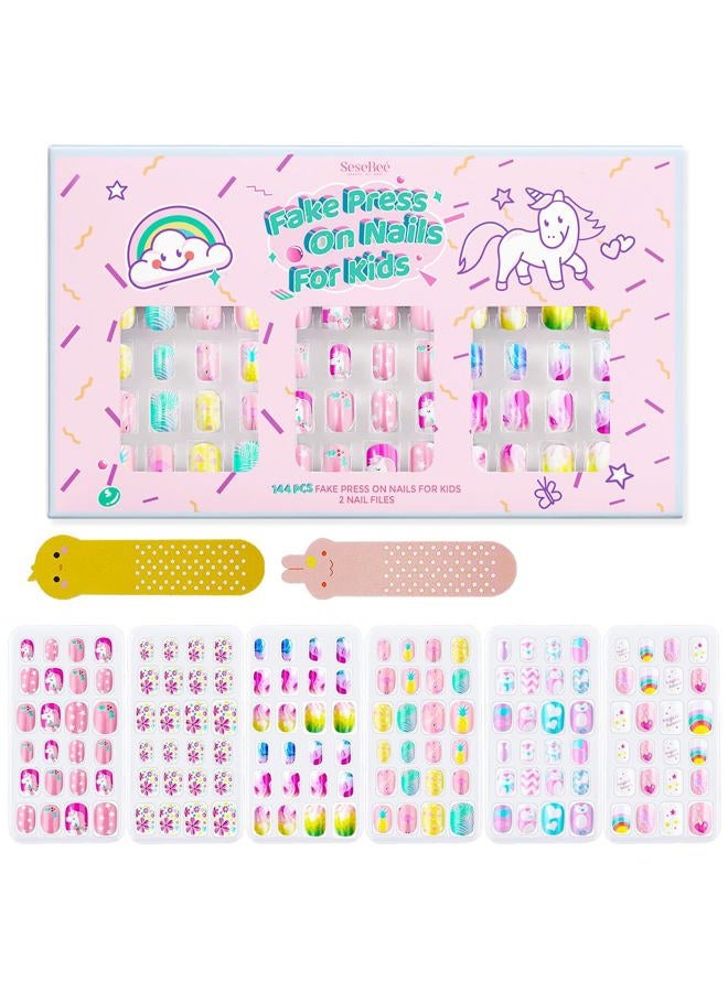 SeseBee 144Pcs Kids Press on Nails Children Girls Press on Short Artificial Fake Nails No fading Stable Quick Stick on Cute Pre Glue Full Cover Acrylic Nail Tip Kit Gift for Kids Nail Decoration (Unicorn) - Image 1
