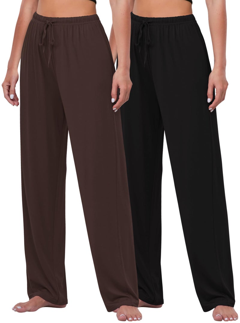 FEQO 2 Pack Women's Lounge Pants Wide Leg Yoga Pants Soft Pajama Bottoms Casual Loose Drawstring Sweatpants, XL (Black, Dark Brown) - Image 1