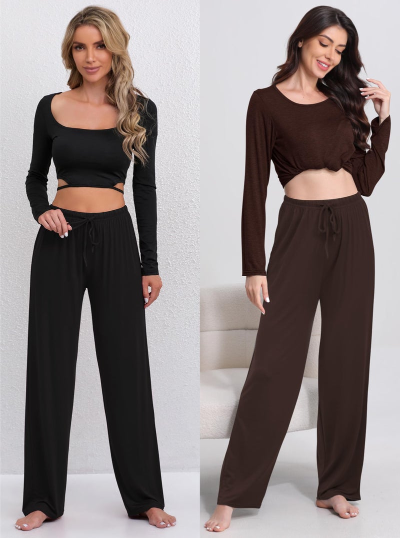 FEQO 2 Pack Women's Lounge Pants Wide Leg Yoga Pants Soft Pajama Bottoms Casual Loose Drawstring Sweatpants, XL (Black, Dark Brown) - Image 5