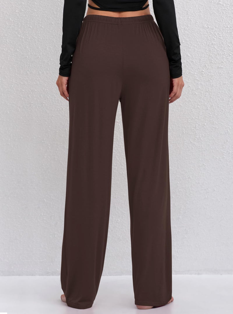 FEQO 2 Pack Women's Lounge Pants Wide Leg Yoga Pants Soft Pajama Bottoms Casual Loose Drawstring Sweatpants, XL (Black, Dark Brown) - Image 3