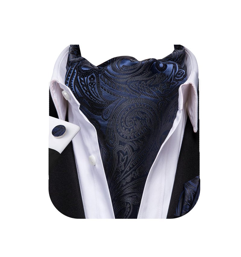 Dubulle Paisley Floral Ascot Tie for Men Self Tie Mens Cravat Tie and Pocket Square Cufflinks Wedding,Black and Blue - Image 1