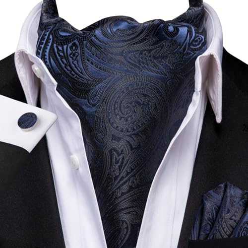 Dubulle Paisley Floral Ascot Tie for Men Self Tie Mens Cravat Tie and Pocket Square Cufflinks Wedding,Black and Blue - Image 2