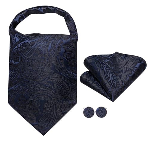 Dubulle Paisley Floral Ascot Tie for Men Self Tie Mens Cravat Tie and Pocket Square Cufflinks Wedding,Black and Blue - Image 4