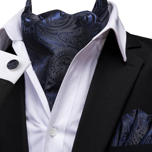 Dubulle Paisley Floral Ascot Tie for Men Self Tie Mens Cravat Tie and Pocket Square Cufflinks Wedding,Black and Blue - Image 3