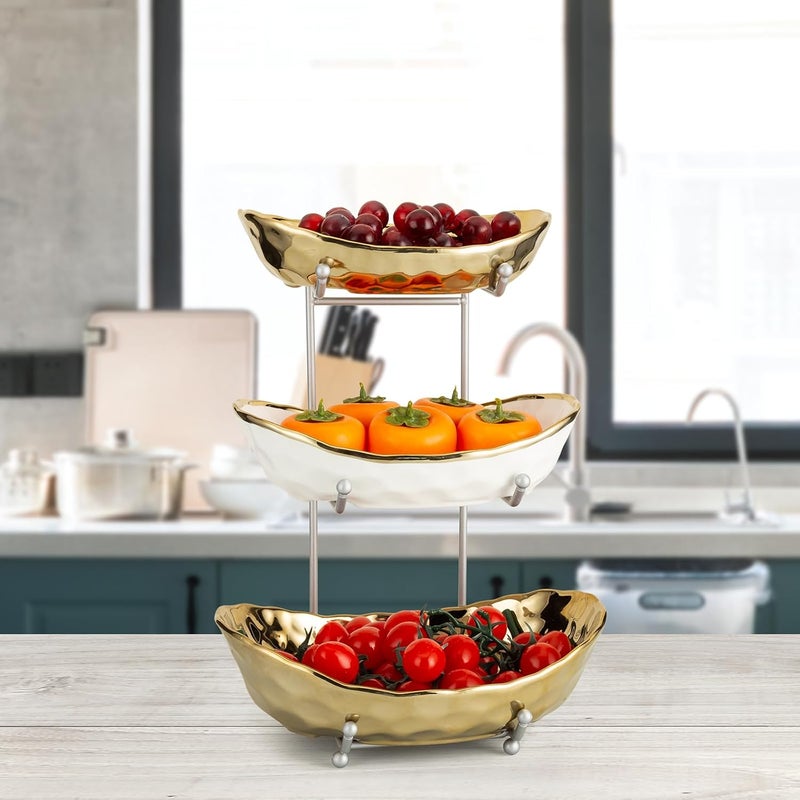 Buric Ceramic Fruit Bowl for Kitchen Counter 3 Tier Ceramic Serving Bowls with Metal Stand Fruit Basket Stand Fruit Serving Tray Set for Vegetable Storage Candy Snack Dessert Cake Gold - Image 2