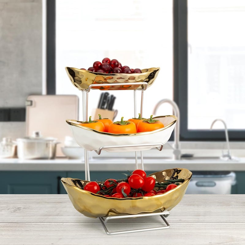 Buric Ceramic Fruit Bowl for Kitchen Counter 3 Tier Ceramic Serving Bowls with Metal Stand Fruit Basket Stand Fruit Serving Tray Set for Vegetable Storage Candy Snack Dessert Cake Gold - Image 3