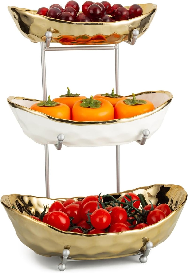 Buric Ceramic Fruit Bowl for Kitchen Counter 3 Tier Ceramic Serving Bowls with Metal Stand Fruit Basket Stand Fruit Serving Tray Set for Vegetable Storage Candy Snack Dessert Cake Gold - Image 1