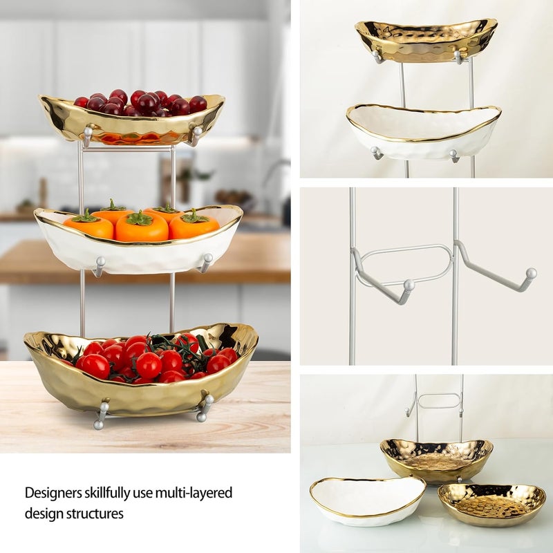 Buric Ceramic Fruit Bowl for Kitchen Counter 3 Tier Ceramic Serving Bowls with Metal Stand Fruit Basket Stand Fruit Serving Tray Set for Vegetable Storage Candy Snack Dessert Cake Gold - Image 5