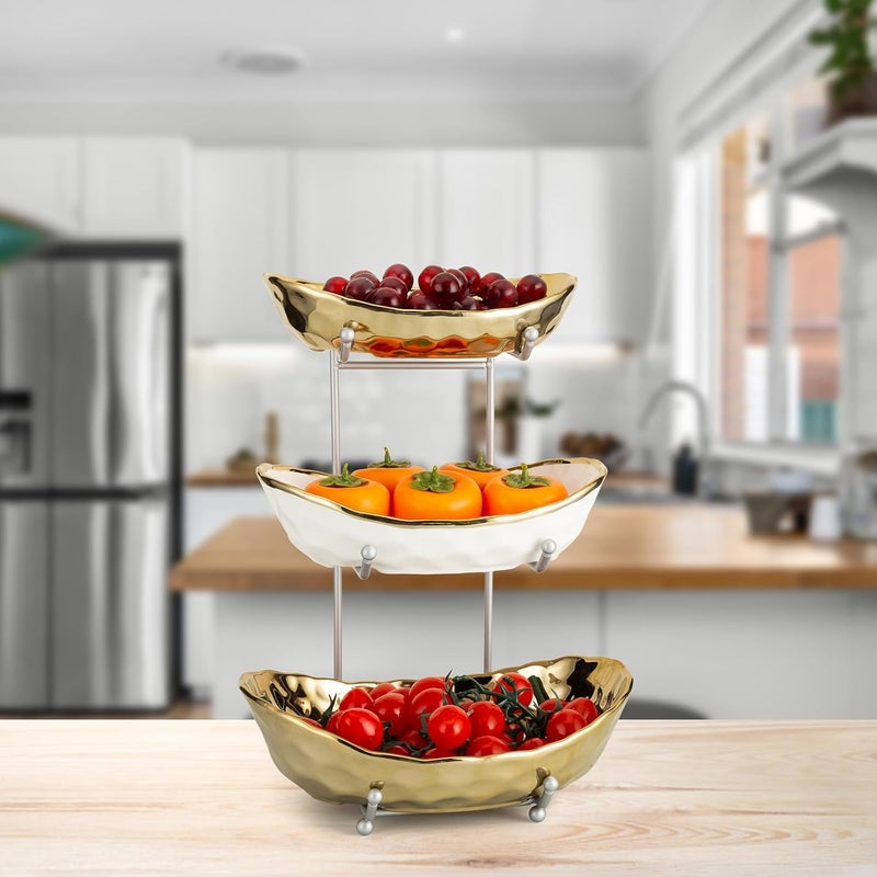 Buric Ceramic Fruit Bowl for Kitchen Counter 3 Tier Ceramic Serving Bowls with Metal Stand Fruit Basket Stand Fruit Serving Tray Set for Vegetable Storage Candy Snack Dessert Cake Gold - Image 4