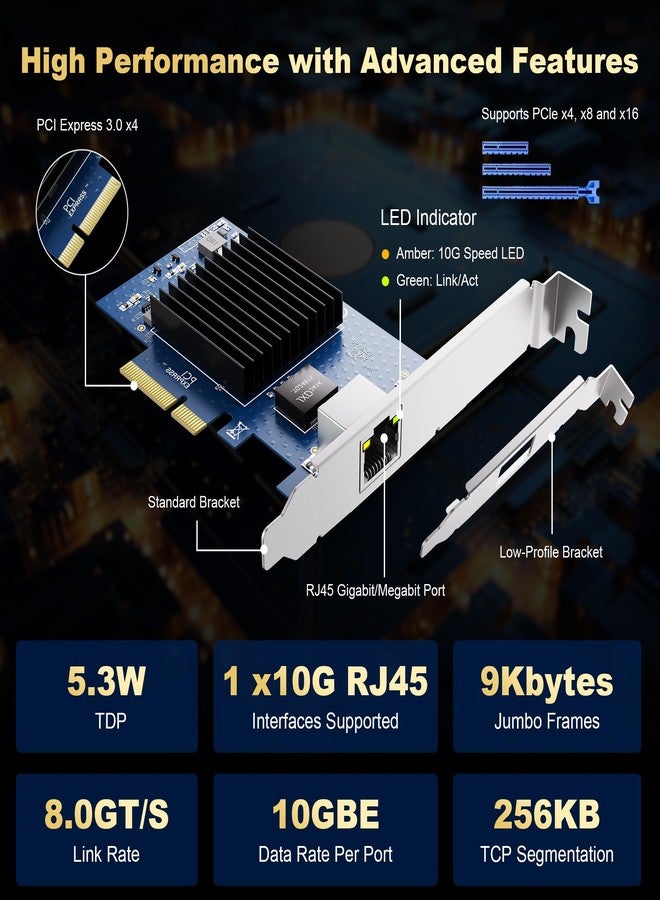 BZIZU 10Gb PCIe NIC Network Card, Single RJ45 Port, Aquantia AQC107 4X Ethernet LAN Controller, for Windows Server/Windows/Linux/ESX (10G-1T(1xRJ45)) - Image 2