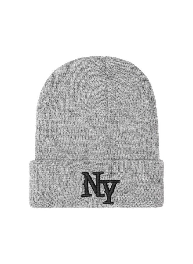 MLB Grey Knitted Beanie - NY Logo Embroidery, Streetwear Essential, Unisex Warm Winter Hat