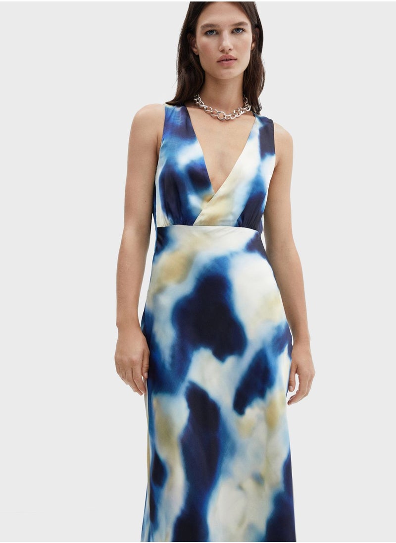 MANGO - Plunge Neck Printed Dress - Image 1