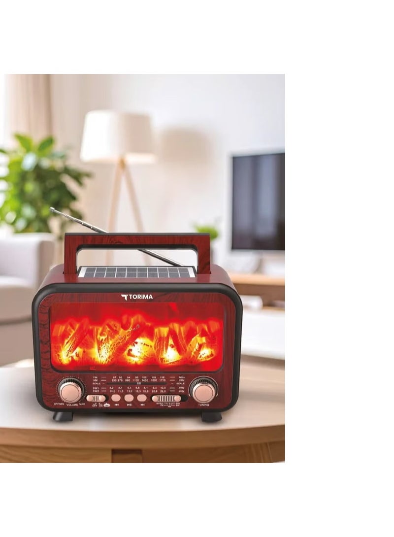 Torima Vintage Wooden Bluetooth Speaker with FM Radio – Decorative Flame LED Light, Wireless Audio & Deep Bass Sound - Image 2