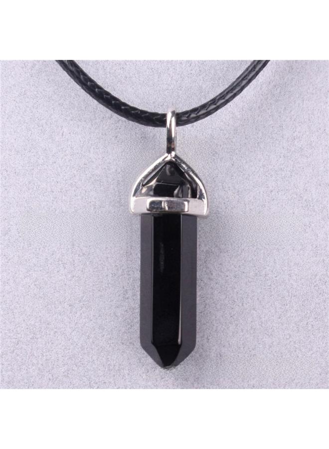 Natural Stone Hexagonal Pendant European And American Natural Crystal Hexagonal Prism Bullet Hexahedral Black Wax Rope Necklace