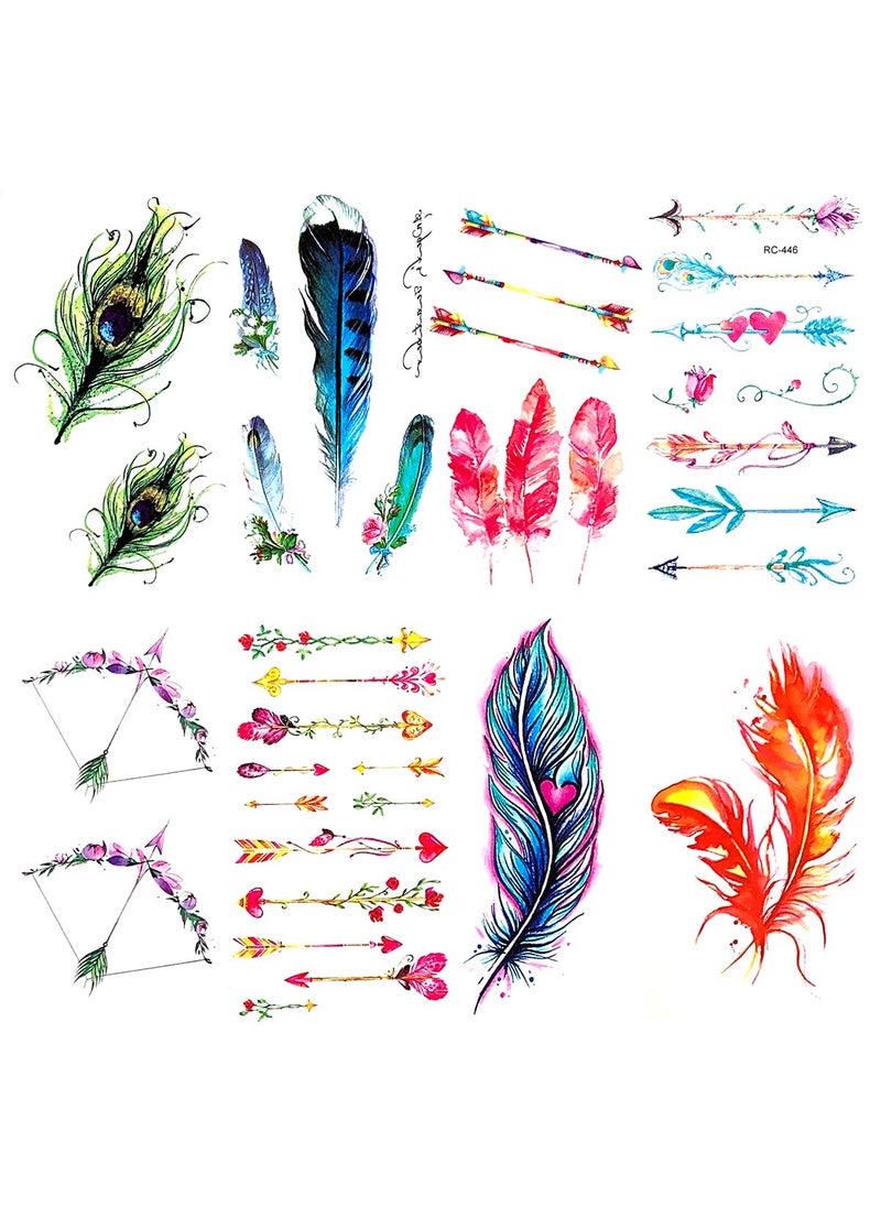 Oottati 8 Pieces Small Cute Wrist Women Peacock Green Blue Pink Red Feather Rainbow Arrow Temporary Tattoo 