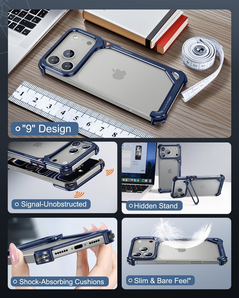 OATSBASF 9 Case for iPhone 17 Pro Max Bumper Case Metal, Aluminum Frame Slim Fit No Back Design, Compatible with MagSafe, Shockproof Protection, Minimalist Frameless Phone Case, Blue - Image 5