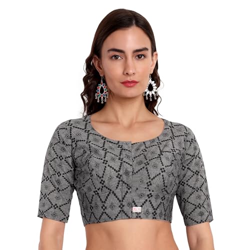 JISB Women's High Neck Cotton Printed Saree Blouse (40, Grey) - Image 1