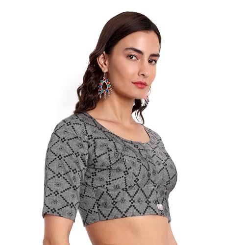 JISB Women's High Neck Cotton Printed Saree Blouse (40, Grey) - Image 3