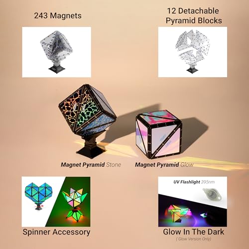 TOSY Magnet Pyramid - 1 Cube Transforms into 1 Billion Shapes, 12 Pieces, 243 Rare Earth Magnets, Glowing, Holographic Magnet Tiles Creative Puzzle STEM/STEAM Toy, Mixed Set - Image 2