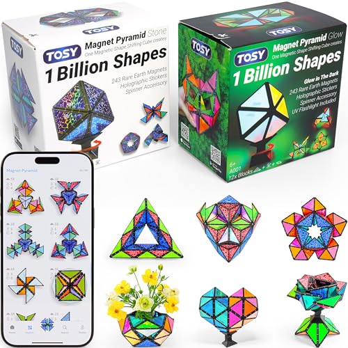 TOSY Magnet Pyramid - 1 Cube Transforms into 1 Billion Shapes, 12 Pieces, 243 Rare Earth Magnets, Glowing, Holographic Magnet Tiles Creative Puzzle STEM/STEAM Toy, Mixed Set - Image 5