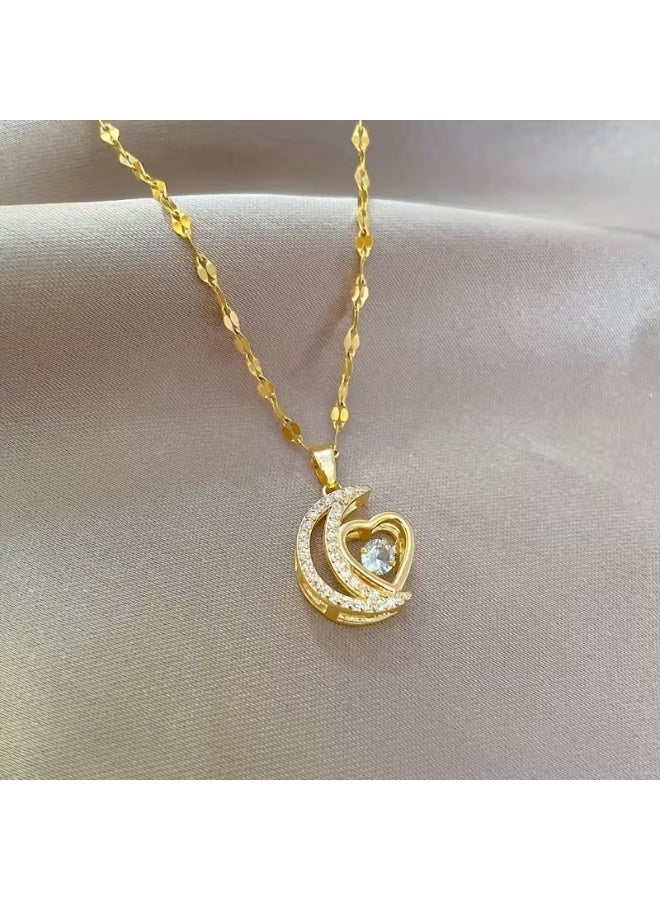 aeen Elegant 14K Gold Plated Heart & Moon Pendant Necklace for Women – Hypoallergenic Romantic Jewellery, Perfect Gift for Mom, Wife & Mother’s Day - Image 1