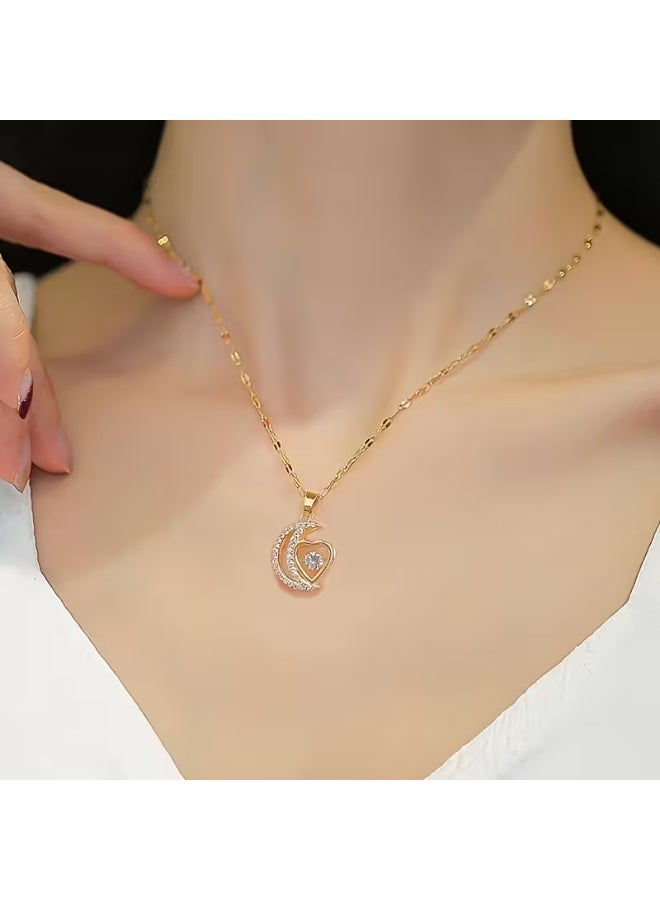 aeen Elegant 14K Gold Plated Heart & Moon Pendant Necklace for Women – Hypoallergenic Romantic Jewellery, Perfect Gift for Mom, Wife & Mother’s Day - Image 2