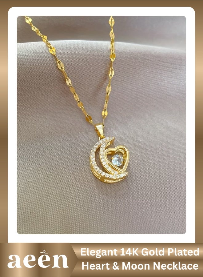 aeen Elegant 14K Gold Plated Heart & Moon Pendant Necklace for Women – Hypoallergenic Romantic Jewellery, Perfect Gift for Mom, Wife & Mother’s Day - Image 1