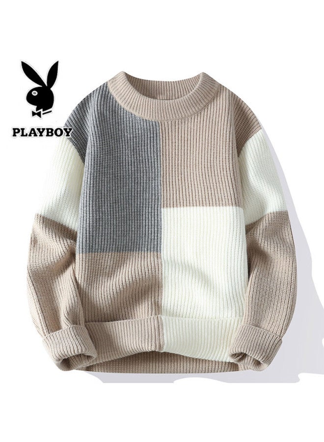 Playboy Men's Pullover Sweater Spring Autumn Winter Stretch Casual Crew Neck Warm Knit Khaki 2XL - Image 1