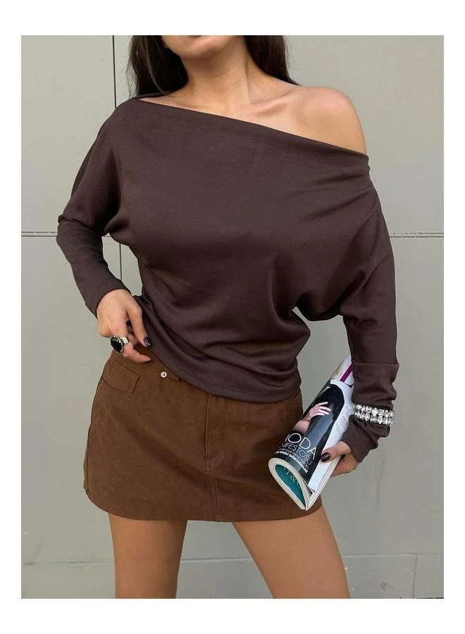 mina aise Women's Coffee Long Sleeve Open-Shoulder Blouse 30100.