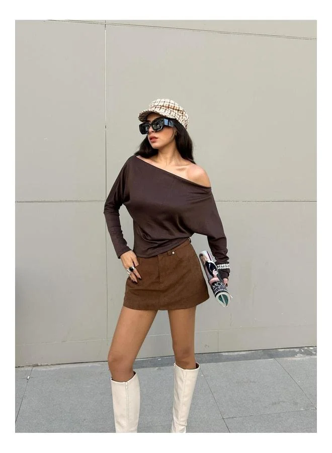 mina aise Women's Coffee Long Sleeve Open-Shoulder Blouse 30100.