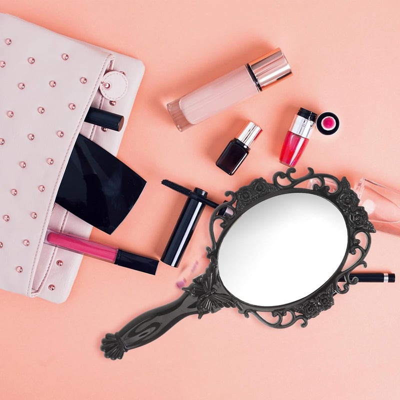 KASTWAVE 2-Pack Retro Handheld Vanity Mirrors, Black Circular Makeup Mirrors with Folding Design, Portable Antique Style Mirrors with Floral Details for Travel and Daily Use, 23x12cm - Image 3
