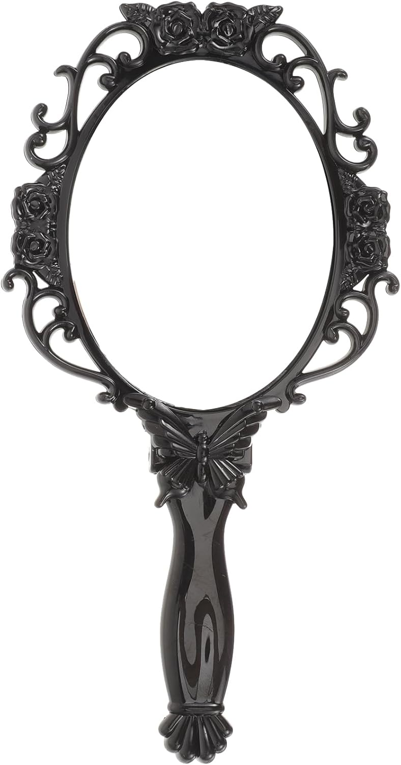 KASTWAVE 2-Pack Retro Handheld Vanity Mirrors, Black Circular Makeup Mirrors with Folding Design, Portable Antique Style Mirrors with Floral Details for Travel and Daily Use, 23x12cm - Image 1
