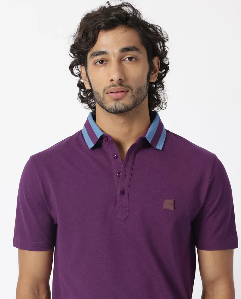 Rare Rabbit Rare Rabbit Men's Divide Dark Maroon Cotton Fabric Striped Collar Half Sleeves Polo T-Shirt