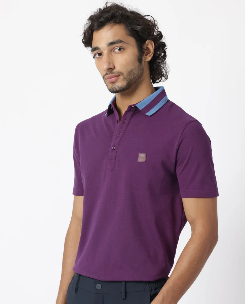 Rare Rabbit Rare Rabbit Men's Divide Dark Maroon Cotton Fabric Striped Collar Half Sleeves Polo T-Shirt