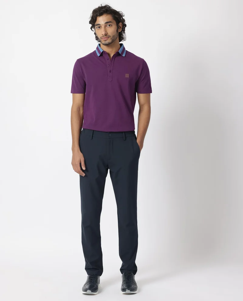 Rare Rabbit Rare Rabbit Men's Divide Dark Maroon Cotton Fabric Striped Collar Half Sleeves Polo T-Shirt