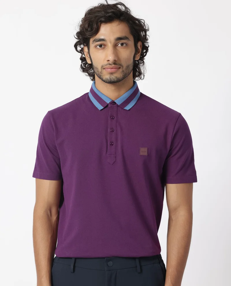 Rare Rabbit Rare Rabbit Men's Divide Dark Maroon Cotton Fabric Striped Collar Half Sleeves Polo T-Shirt