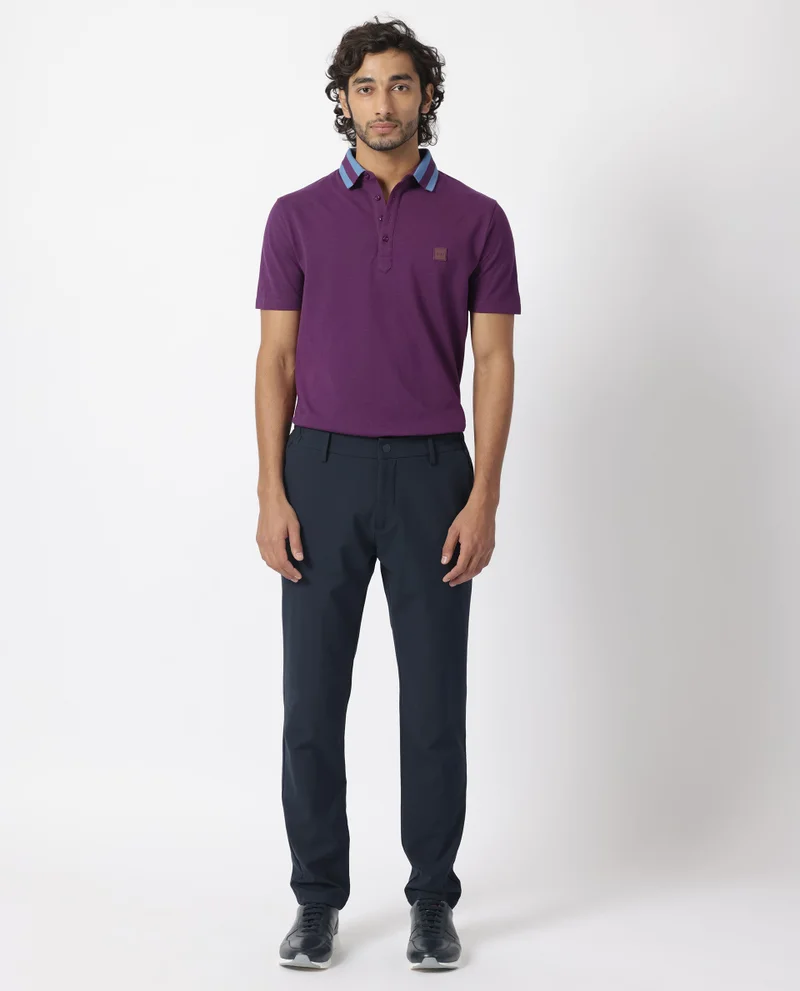 Rare Rabbit Rare Rabbit Men's Divide Dark Maroon Cotton Fabric Striped Collar Half Sleeves Polo T-Shirt
