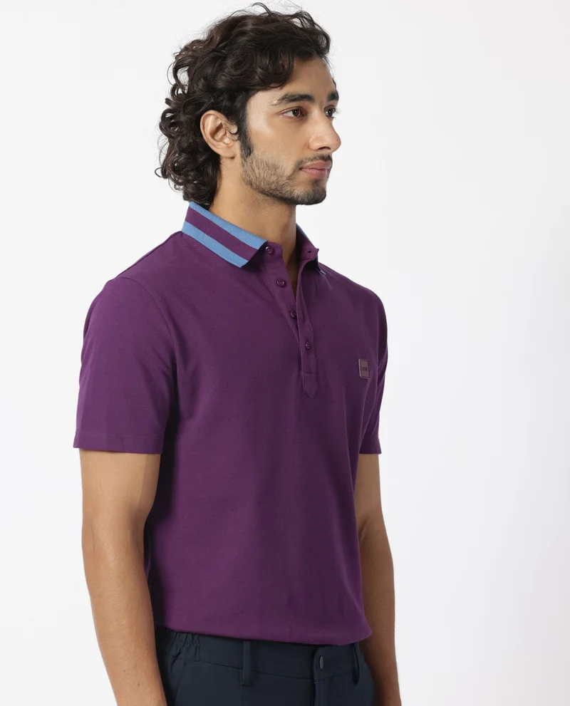 Rare Rabbit Rare Rabbit Men's Divide Dark Maroon Cotton Fabric Striped Collar Half Sleeves Polo T-Shirt
