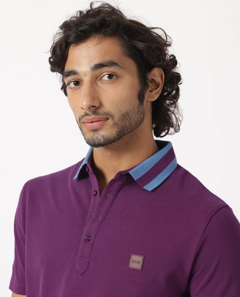Rare Rabbit Rare Rabbit Men's Divide Dark Maroon Cotton Fabric Striped Collar Half Sleeves Polo T-Shirt