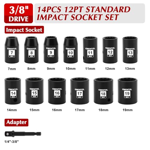 EMENTOL 14PCS 3/8"Dr. Standard Impact Socket Set, Metric, 12-Point, CR-V, 14 Pieces 3/8-Inch Drive Shallow Socket Set, 7mm - 19mm - Image 2