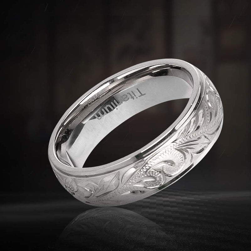 JUSTJANDM G23 Titanium Floral Design Wedding Ring Band for Men Women Engraved 6mm (9 (18.9mm)) - Image 4