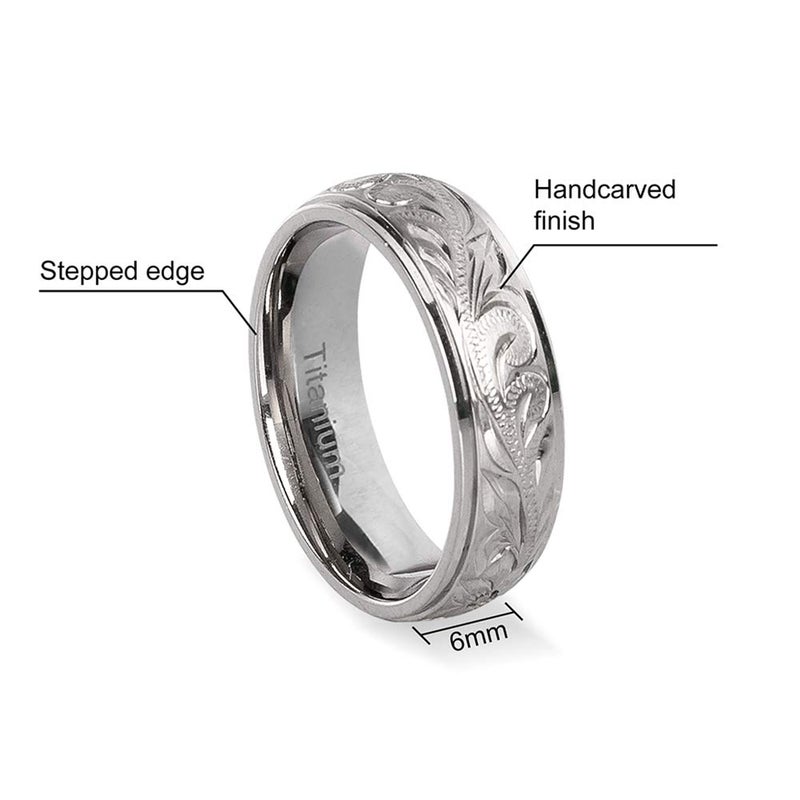 JUSTJANDM G23 Titanium Floral Design Wedding Ring Band for Men Women Engraved 6mm (9 (18.9mm)) - Image 5