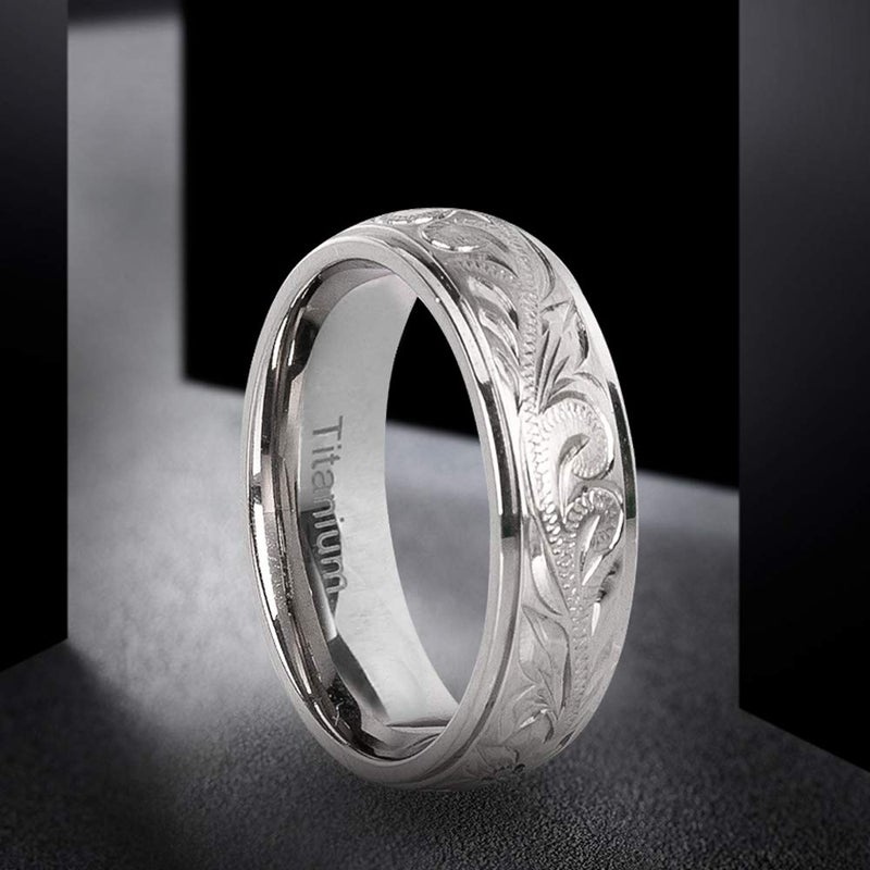 JUSTJANDM G23 Titanium Floral Design Wedding Ring Band for Men Women Engraved 6mm (9 (18.9mm)) - Image 3