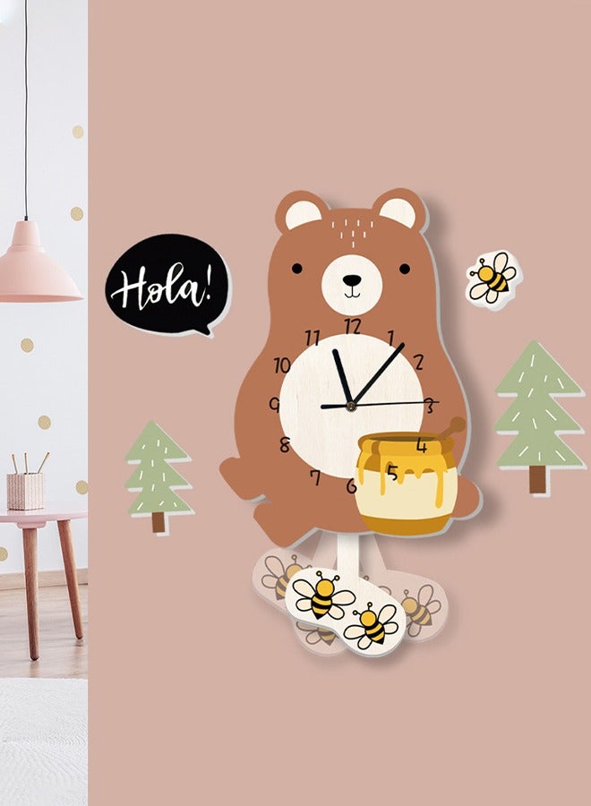 DUNISO ساعة حائط للأطفال، ساعة معلقة على شكل دب صغير، ساعة كرتونية صامتة، ساعة ديكورية لغرفة المعيشة، ساعة حائط إبداعية لغرفة الأولاد، ساعات بندولية صامتة مزخرفة على شكل نحلة صغيرة - Image 1