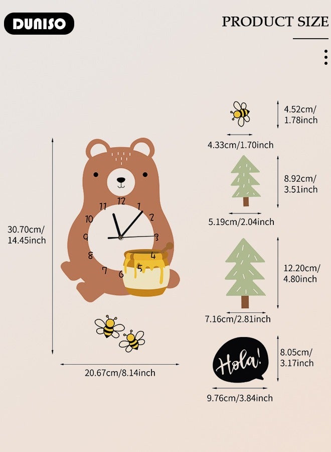 DUNISO ساعة حائط للأطفال، ساعة معلقة على شكل دب صغير، ساعة كرتونية صامتة، ساعة ديكورية لغرفة المعيشة، ساعة حائط إبداعية لغرفة الأولاد، ساعات بندولية صامتة مزخرفة على شكل نحلة صغيرة - Image 2