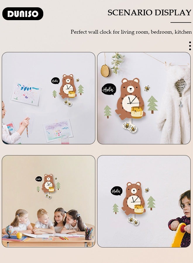DUNISO ساعة حائط للأطفال، ساعة معلقة على شكل دب صغير، ساعة كرتونية صامتة، ساعة ديكورية لغرفة المعيشة، ساعة حائط إبداعية لغرفة الأولاد، ساعات بندولية صامتة مزخرفة على شكل نحلة صغيرة - Image 3