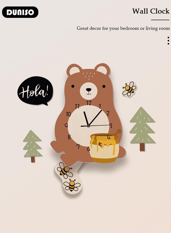DUNISO ساعة حائط للأطفال، ساعة معلقة على شكل دب صغير، ساعة كرتونية صامتة، ساعة ديكورية لغرفة المعيشة، ساعة حائط إبداعية لغرفة الأولاد، ساعات بندولية صامتة مزخرفة على شكل نحلة صغيرة - Image 4