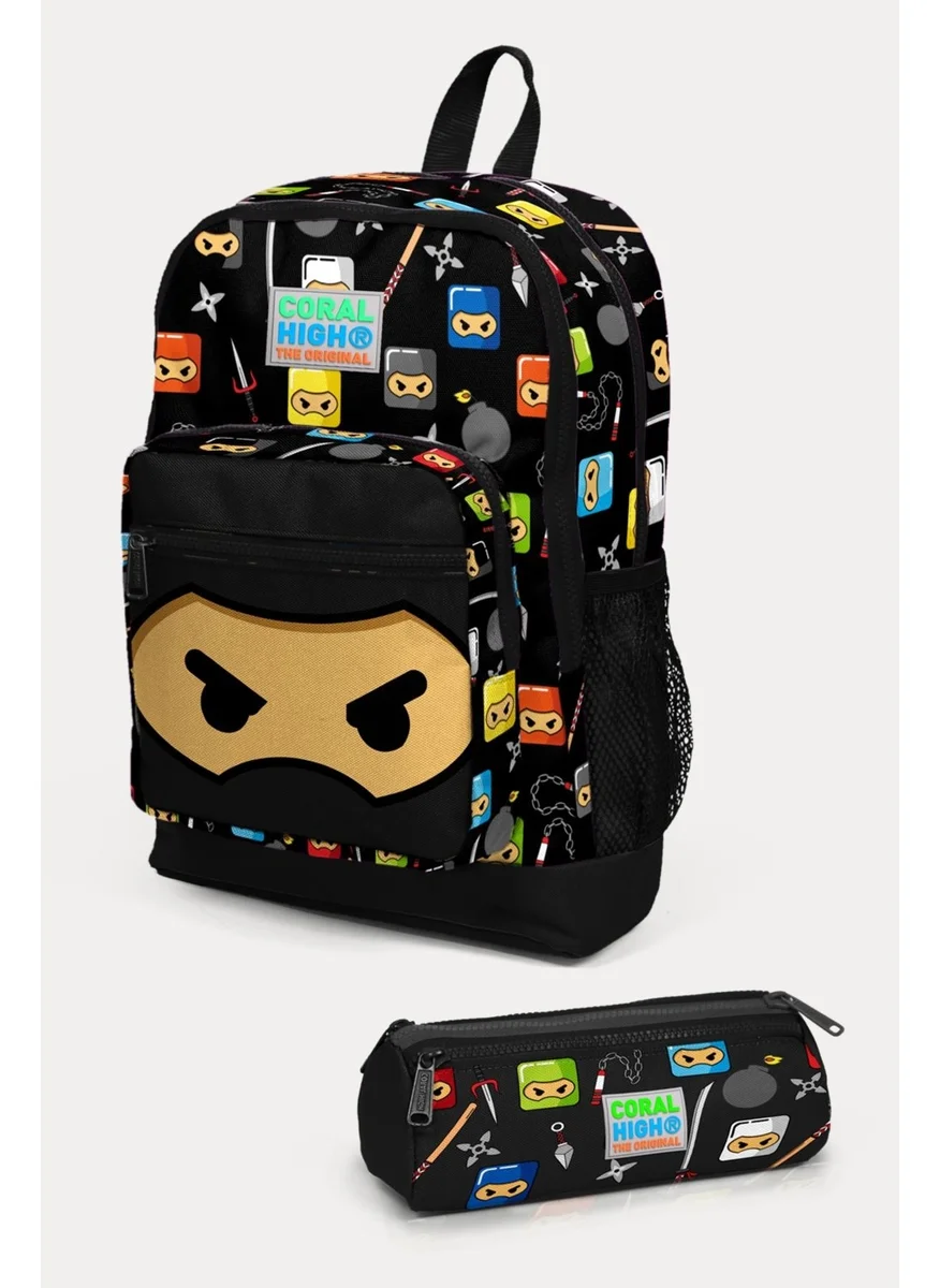 CORAL HIGH Kids Black Ninja Patterned 2-Piece School Bag Set SET0223473