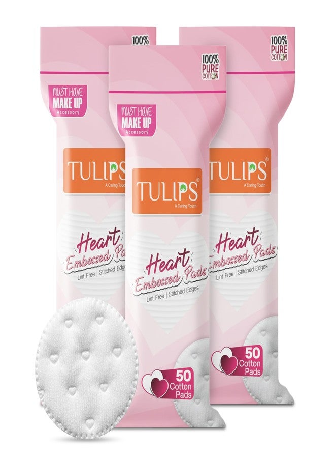 Tulips 50 Round Facial Cotton Pads Heart Embossed in a Ziplock Bag (Pack of 3); Made from 100% Pure Soft Cotton, Best for Applying & Removing Makeup, safe for sensitive Skin - Image 1